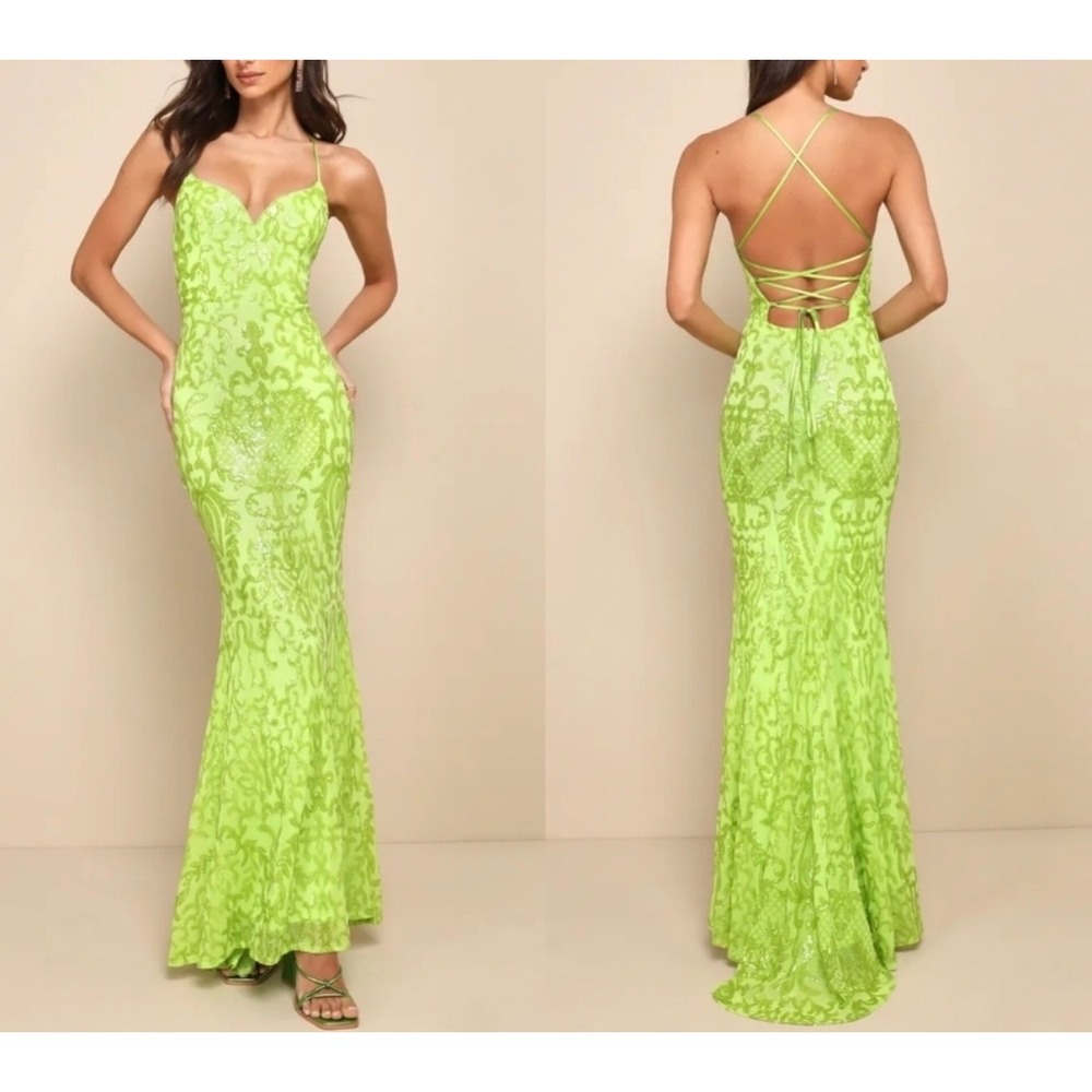 Lulus Limitless Glamour Lime Green Sequin Lace Up Maxi Dress Medium Gown Glam